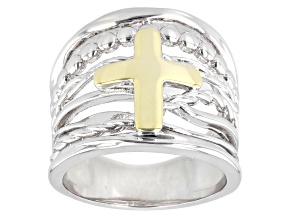 Rhodium & 18K Yellow Gold Plated Cross Multirow Ring