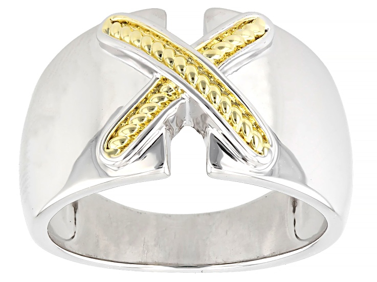 Rhodium & 18K Yellow Gold Plated Polished Diamond Cut X-Crossover Band Ring
