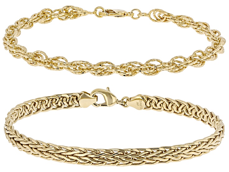18K Yellow Gold Over Bronze 5mm Singapore and Wheat Link Bracelets Set Of 2