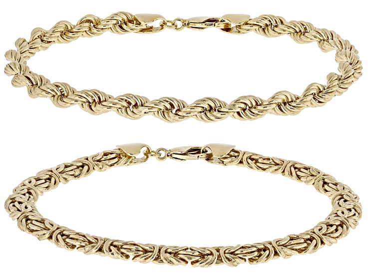 18K Yellow Gold Over Bronze 5.9mm Byzantine and 4.4mm Rope Link Bracelets Set of 2