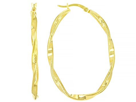 18K Yellow Gold Over Sterling Silver Texture Polished Oval Tube Hoop Earrings