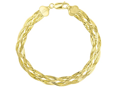 18K Yellow Gold Over Sterling Silver Diamond Cut Braided Herringbone Bracelet