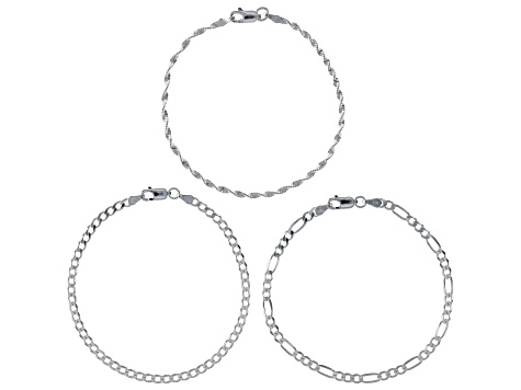 Sterling Silver 3MM Curb, 3MM Figaro, and 2MM Twisted Herringbone Bracelet Set of 3