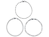 Sterling Silver 3MM Curb, 3MM Figaro, and 2MM Twisted Herringbone Bracelet Set of 3