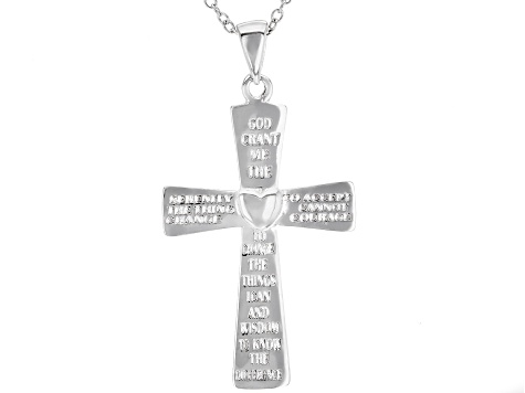 Rhodium Over Sterling Silver Inscribed Cross Pendant With 18 Inch Cable Chain