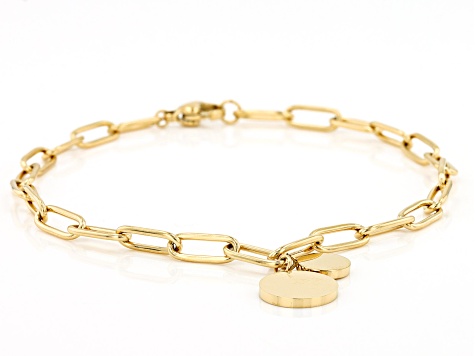 Gold Tone Stainless Steel 4mm Paperclip Link Bracelet With Disc Charm