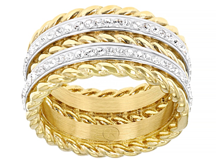 Gold Tone Stainless Steel Ring With White Crystal