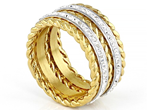 Gold Tone Stainless Steel Ring With White Crystal