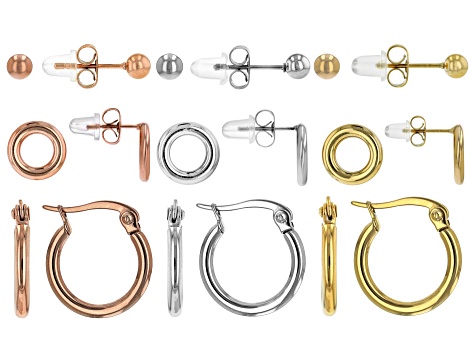 Tri-Tone Stainless Steel Hoop & Stud Earring Set of 9