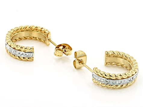 Gold Tone Stainless Steel Hoop Earrings With White Crystal