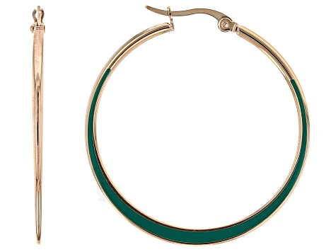 Rose Tone Stainless Steel Green Enamel Hoop Earrings