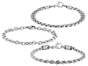 Stainless Steel Curb, Rope, & Cable Link Bracelet Set of 3