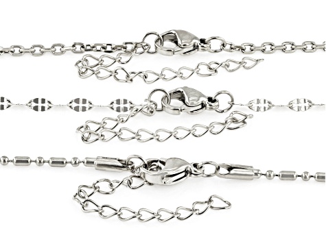 Stainless Steel Bead, Cable, & Mirror Link 18 Inch Chain Set of 3