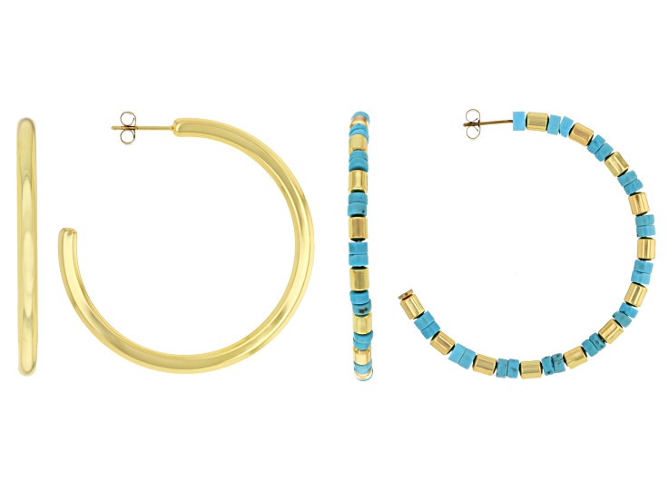 2mm Turquoise Simulant Bead J-Hoop & 18K Yellow Gold Over Stainless Steel Polished Hoop Earring Set