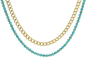 Turquoise Simulant Bead and Stainless Steel Gold Tone Curb Chain Layered Necklace