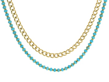 Picture of Turquoise Simulant Bead and Stainless Steel 18K Gold Over Curb Chain Layered Necklace