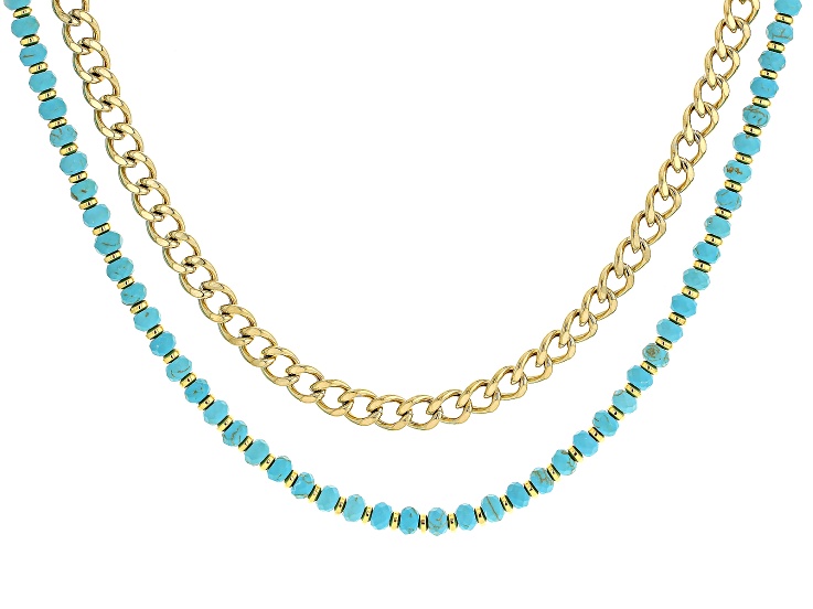 Turquoise Simulant Bead and Stainless Steel 18K Gold Over Curb Chain Layered Necklace