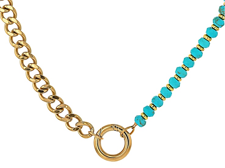 6mm Turquoise Simulant Bead and 18K Yellow Gold Over Curb Link Stainless Steel Layered Bracelet