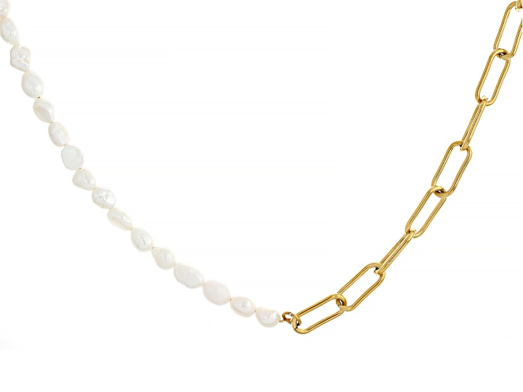 18K Gold Over Stainless Steel Paperclip Chain & Cultured Freshwater Pearl Nugget Strand Necklace
