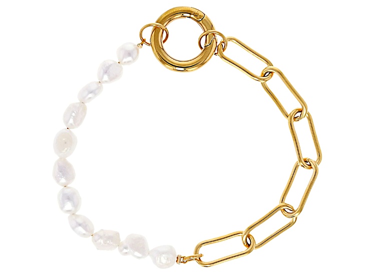 18K Gold Over Stainless Steel Paperclip and Nugget Cultured Freshwater Pearl Strand Bracelet