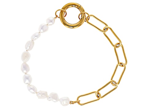 18K Gold Over Stainless Steel Paperclip and Nugget Cultured Freshwater Pearl Strand Bracelet