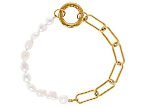 Gold Tone Stainless Steel Paperclip and Nugget Cultured Freshwater Pearl Strand Bracelet