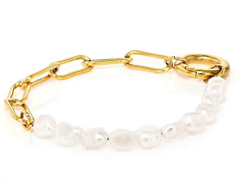 18K Gold Over Stainless Steel Paperclip and Nugget Cultured Freshwater Pearl Strand Bracelet