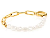 18K Gold Over Stainless Steel Paperclip and Nugget Cultured Freshwater Pearl Strand Bracelet