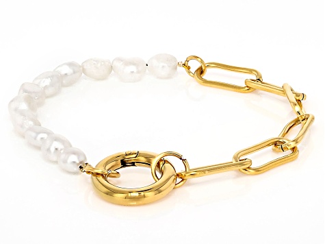 18K Gold Over Stainless Steel Paperclip and Nugget Cultured Freshwater Pearl Strand Bracelet