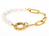 18K Gold Over Stainless Steel Paperclip and Nugget Cultured Freshwater Pearl Strand Bracelet