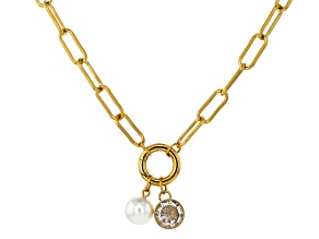Gold Tone Stainless Steel Paperclip Chain Necklace with Cubic Zirconia and Pearl Simulant Charm Set