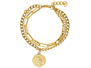 Gold Tone Stainless Steel Paperclip-Curb Multi-Row Coin Bracelet