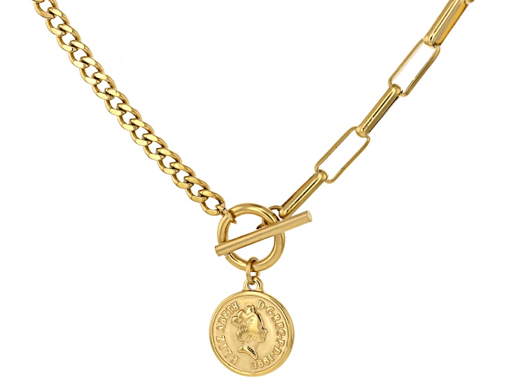 18K Yellow Gold Over Stainless Paperclip-Curb Chain Coin Necklace
