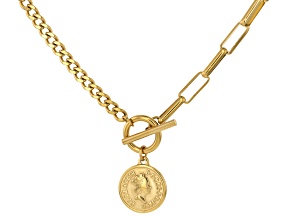 Gold Tone Stainless Paperclip-Curb Chain Coin Necklace