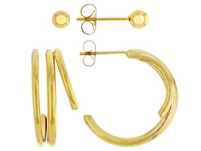 Gold Tone Stainless Steel J-Hoop and 4mm Ball Earring Set
