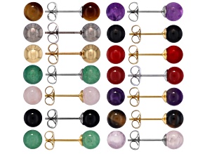 Stainless Steel and Gold Tone Stainless Steel 6mm Gemstone Ball Earring Set