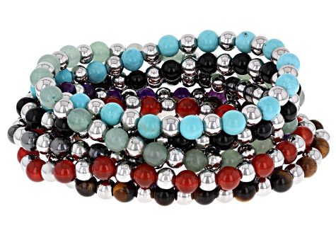 Stainless Steel 6mm Multi-Gemstone Stretch Bracelet Set