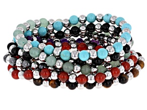Stainless Steel 6mm Multi-Gemstone Stretch Bracelet Set