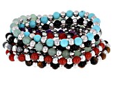 Stainless Steel 6mm Multi-Gemstone Stretch Bracelet Set