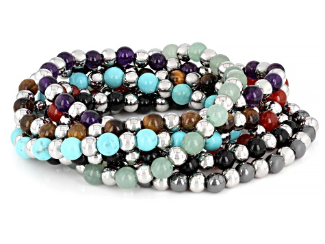 Stainless Steel 6mm Multi-Gemstone Stretch Bracelet Set