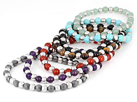 Stainless Steel 6mm Multi-Gemstone Stretch Bracelet Set