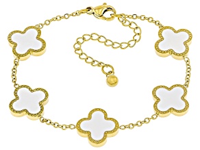 Gold Tone Stainless Steel 13mm White Enamel Clover Bracelet