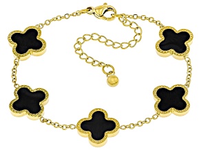 Gold Tone Stainless Steel 13mm Black Enamel Clover Bracelet