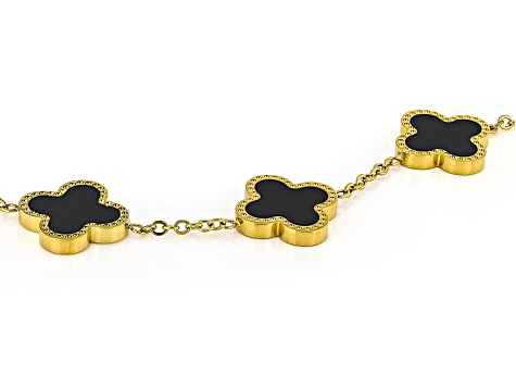 Gold Tone Stainless Steel 13mm Black Enamel Clover Bracelet 