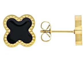 Gold Tone Stainless Steel Enamel Black Stud Earrings