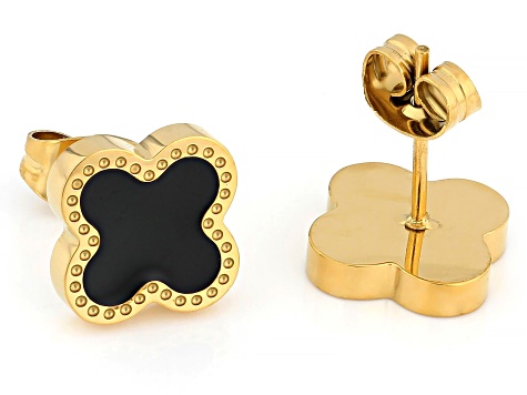 Gold Tone Stainless Steel Enamel Black Stud Earrings