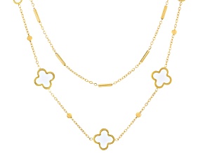 Gold Tone Stainless Steel White Enamel Clover Layered 18-20" Station Necklace
