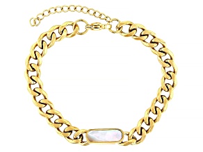Gold Tone Stainless Steel 7mm Cuban Bracelet with White Mother-of-Pearl