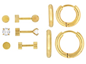 Gold Tone Stainless Steel Crystal Stud and Hoop Earring Set of 5