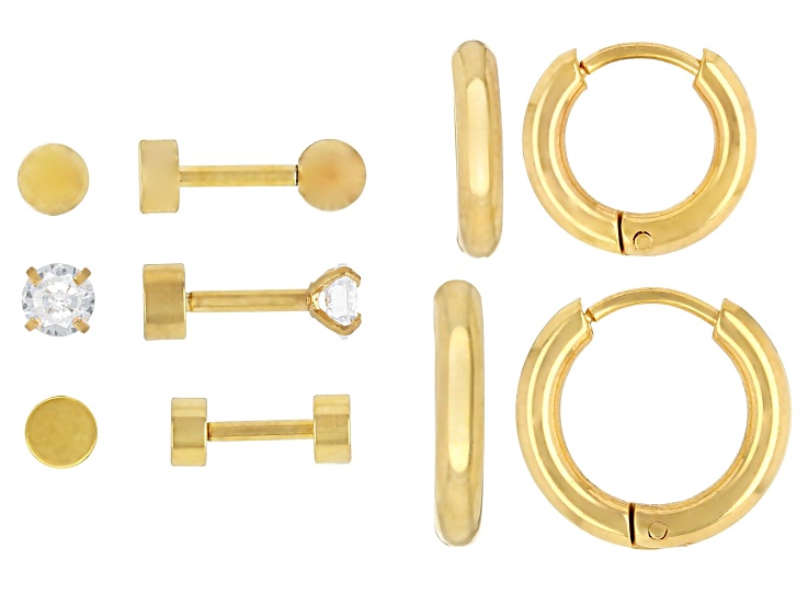 18K Yellow Gold Over Stainless Steel Crystal Stud and Hoop Earring Set of 5